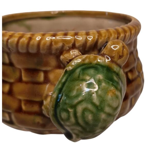 Vintage Ceramic Majolica Round Pottery Planter With Turtles Basket Weave Design - Picture 8 of 10